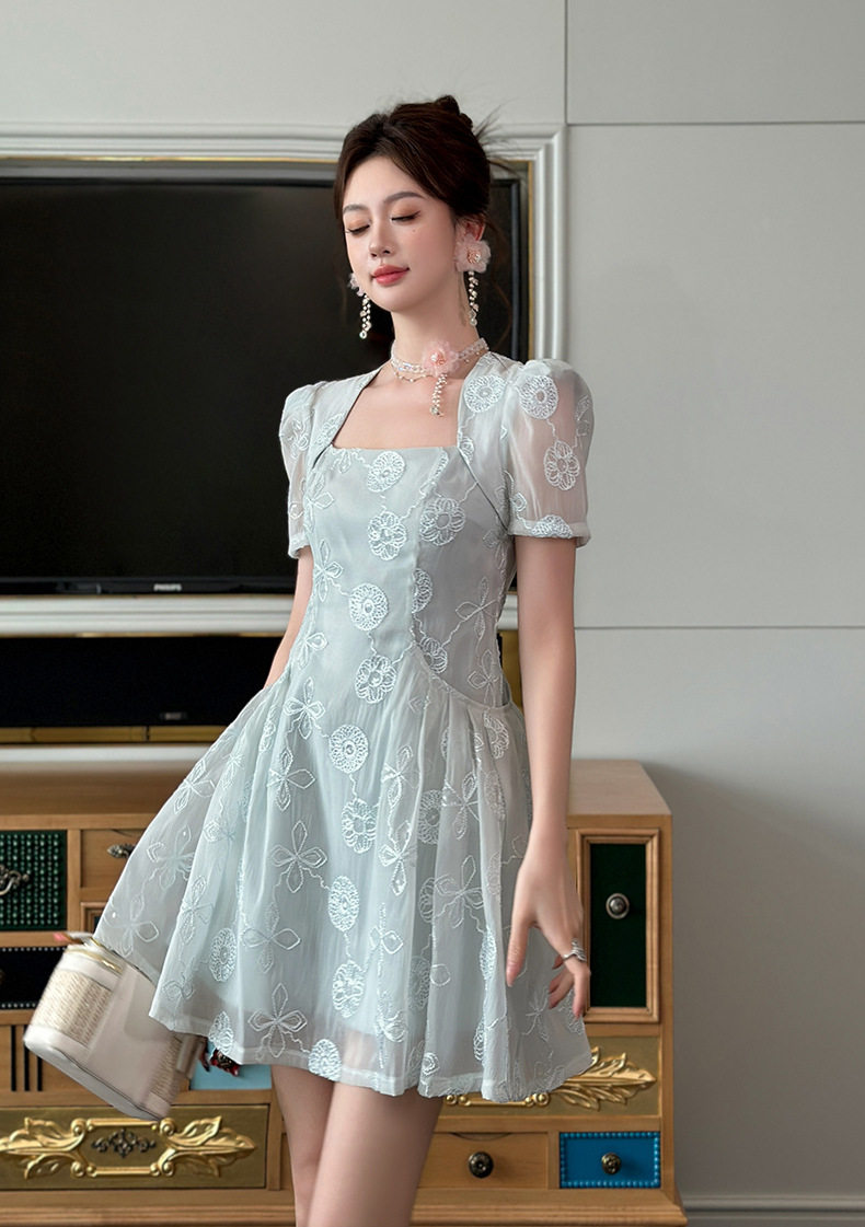 Đầm suông nữ midi ren tay ngắn cổ vuông phong cách Pháp — [Xanh nước biển] chi tiết 5