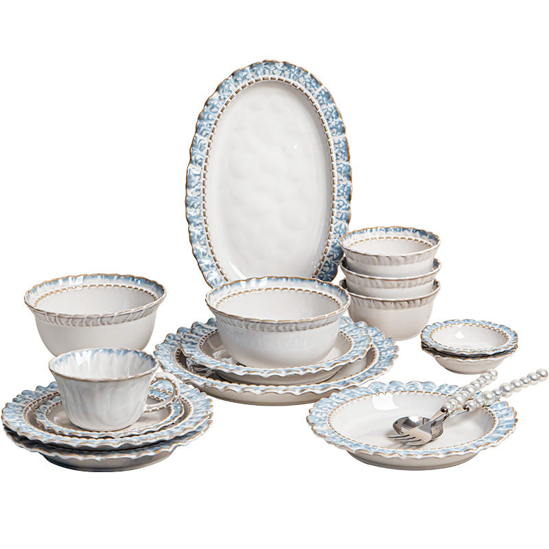 Underglaze Color Bowl Household Ceramic Tableware Set Bowl and Plate Combination Lanyan Dish Set Household Dish Plate Rice Bowl Wholesale