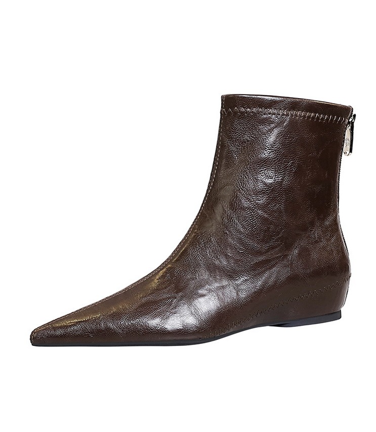 Boot nữ cổ thấp gót vừa khóa kéo sau, mũi nhọn tôn dáng, phong cách cổ điển dễ phối đồ — Lớp lót đơn màu đen, Lớp lót đơn màu nâu sẫm, Lớp lót nhung đen, Nhung màu nâu sẫm