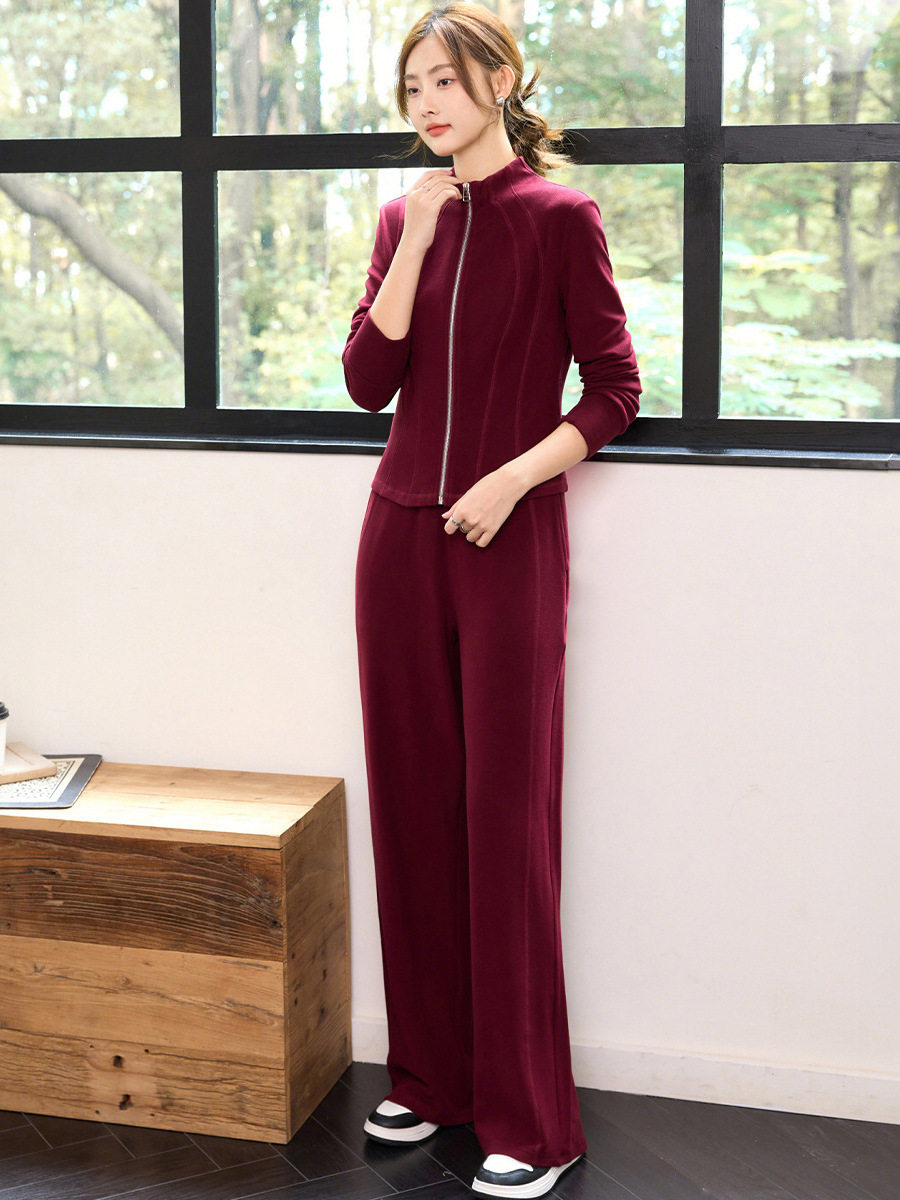 Trendy Fashion Women's Two-Piece Set 2025 Autumn New Deconstructed Slimming Jacket Wide-Leg Pants Sports Complete Set