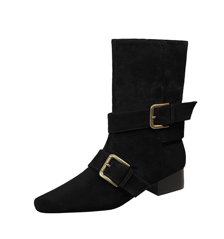 Boot nữ cổ trung mũi vuông khóa thắt lưng gót vừa phong cách retro — màu đen, nâu đậm, quả mơ