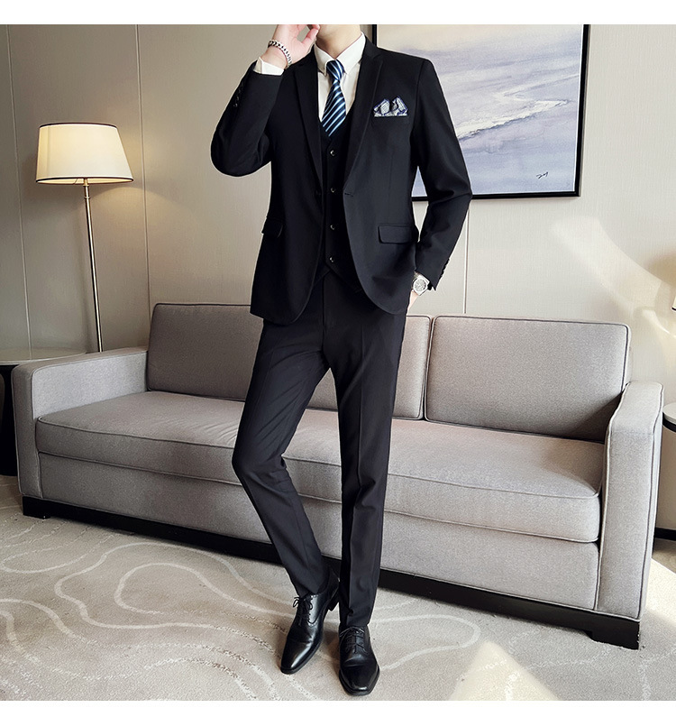 Bộ com-lê nam ba mảnh dáng ôm, áo vest một hàng khuy phong cách công sở — Màu xám (áo một nút + áo vest + quần), Màu xanh (áo một nút + áo vest + quần), Màu đen (áo một nút + áo vest + quần), Màu xanh navy (áo một nút + vest + quần)
