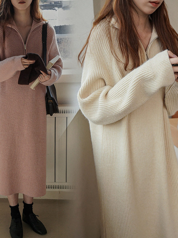 Maternity Dress Autumn and Winter Thick Knitted Sweatshirt Dress Mid-Length Sweater Dress Lapel Zipper High-End Wear