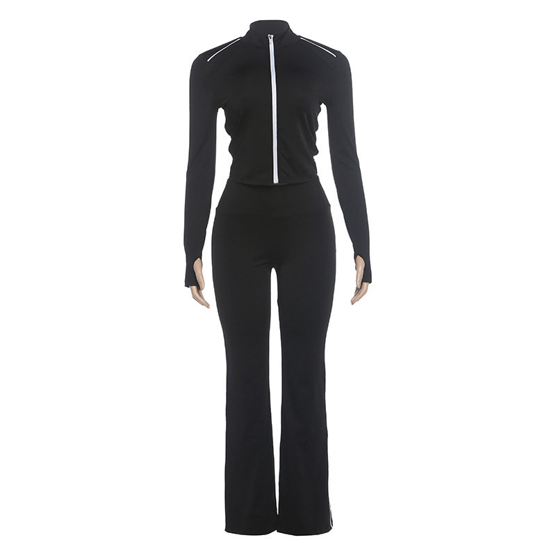 Womens Long Sleeve Zip Top and Fitted Sport Pants Set Solid Color Stylish Lines Autumn Fashion Wholesale Available