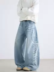 Letter Print Jeans for Men, Spring and Autumn Straight Loose Wide-Leg American High Street Pants, Trendy Versatile Cool Long Pants