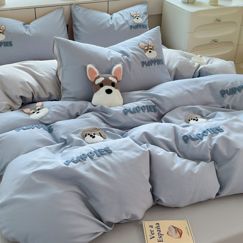 Blue Dog Towel Embroidered Cotton Bed Four-piece Set Cartoon Style Cotton Quilt Cover Children's Three-piece Set Wholesale