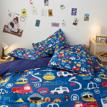 Cross-Border Cartoon Car Bed Four-Piece Set for Children 0.9 Single Bed Sheetss and Fitted Bed Sheetss with Brushed Print for Boys