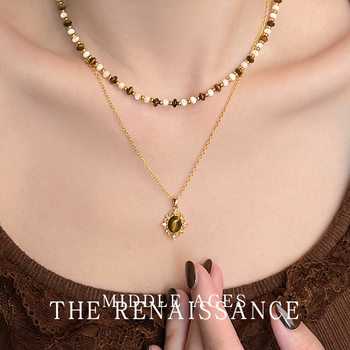 Vintage Mid-Century Style Natural Tiger Eye Stone Necklace, Retro Layered Sweater Chain, Elegant, Accessible Luxury and High-End Necklace