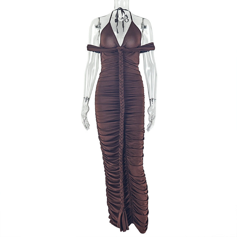 Casual V Neck Long Dress Solid Color Bodycon Fit Ruched Design Unique Style Perfect for Parties or Everyday Wear