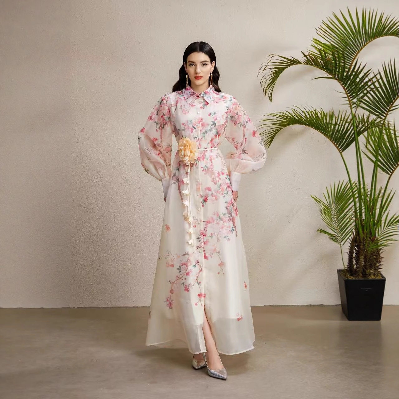 French Court Style Dress Elegant Floral Print Lantern Sleeves Waist Tie Sheer Fabric Perfect for Formal Events