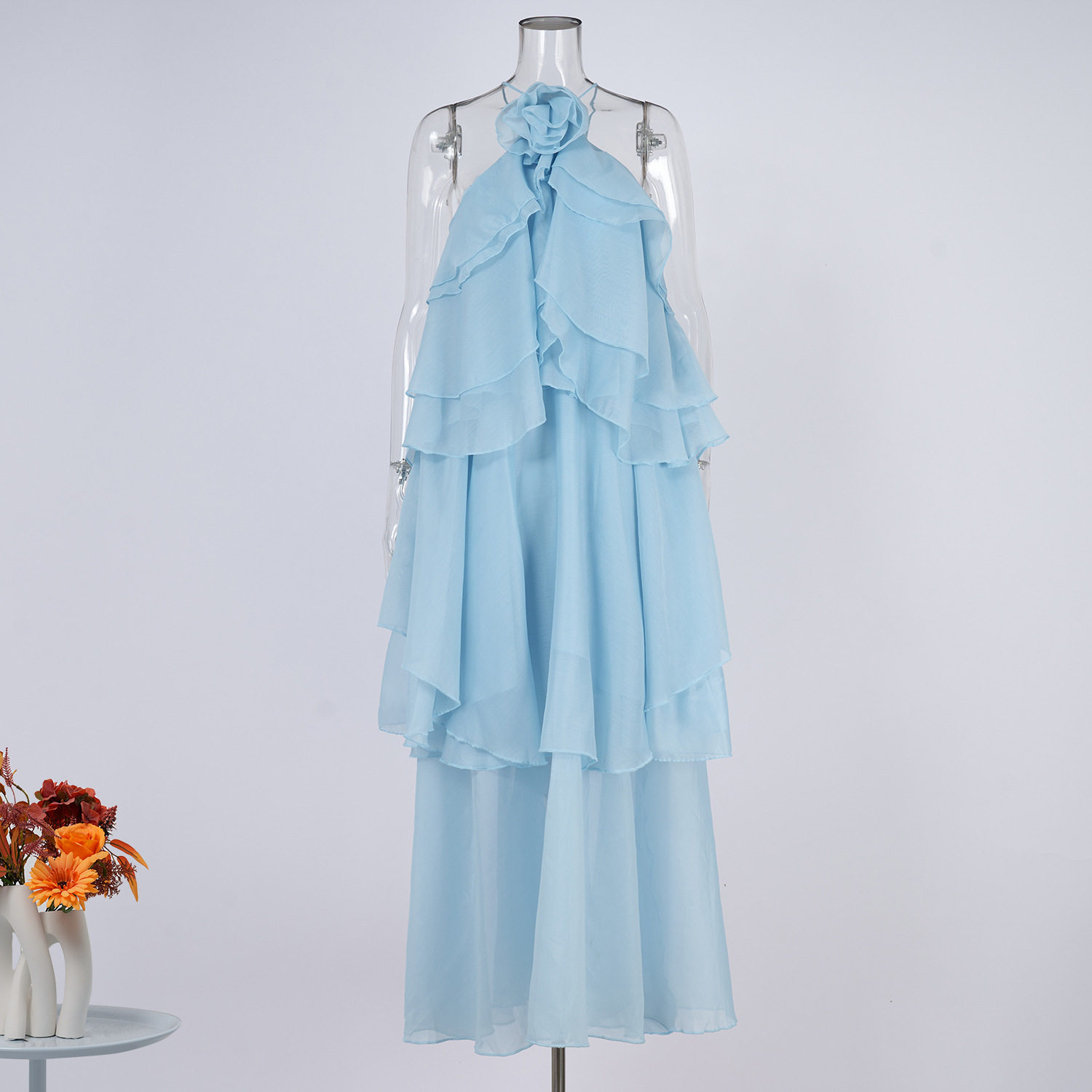 Backless Ruffle Hem Maxi Dress Elegant Floral Embellishments Vacation Style Wholesale Available