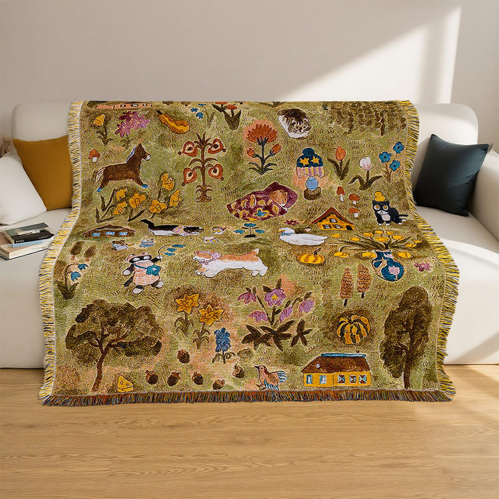 Cotton Jacquard Thread Blanket Pastoral Style Background Decorative Tapestry Nap Blanket Office Air Conditioning Blanket Multi-Functional Blanket