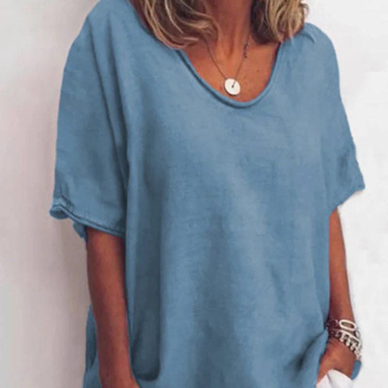 Womens Casual Loose Fit T Shirt Solid Color V Neck Short Sleeve Summer Style Wholesale Available