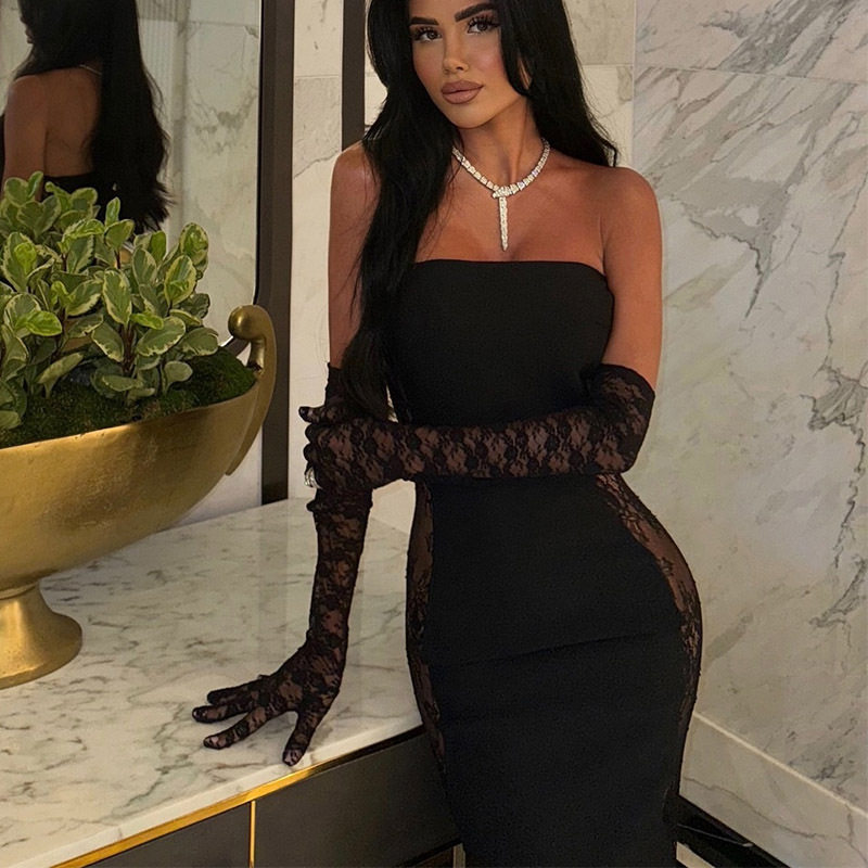 Bodycon Lace Panel Maxi Dress Strapless Sheer Sexy Elegant Perfect for Parties and Night Out Wholesale Available