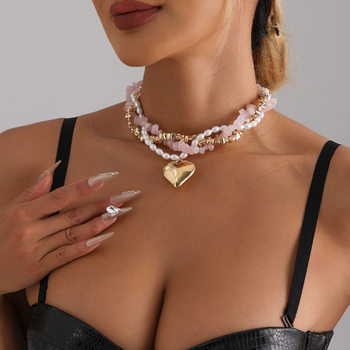 European and American Cross-border Jewelry Raspberry Powder Natural Stone Baroque Pearl Clavicle Chain Light Luxury Fashion Love Multi-layer Necklace for Women