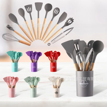 Cross-Border Silicone Kitchenware 12-Piece Set with Solid Wood Handles, Silicone Spatulas and Spoons, High-Temperature Resistant Silicone Spatulas, Anti-Scalding Silicone Spatulas and Spoons