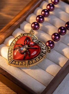 中古饰品vintage 西洋宫廷欧美爱心复古优雅古董蜘蛛紫色珍珠项链