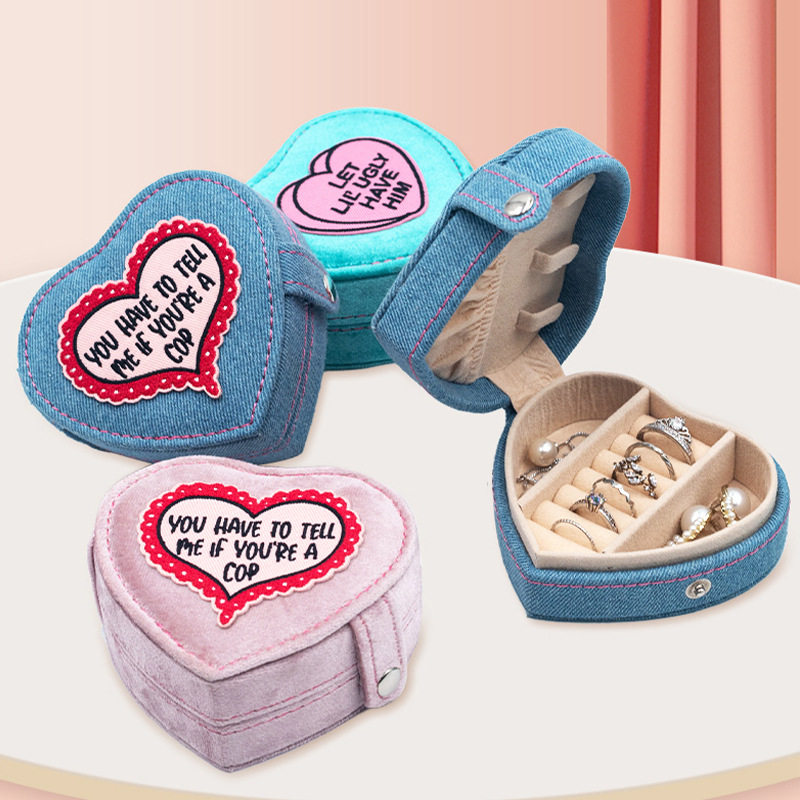 2024 new jewelry box portable heart-shaped box Denim flannel snap buckle storage box earrings jewelry box