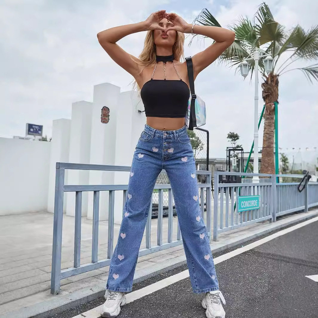 High Waisted Straight Leg Jeans Fashionable Heart Embroidery Casual Wear for Women Pre Order Available