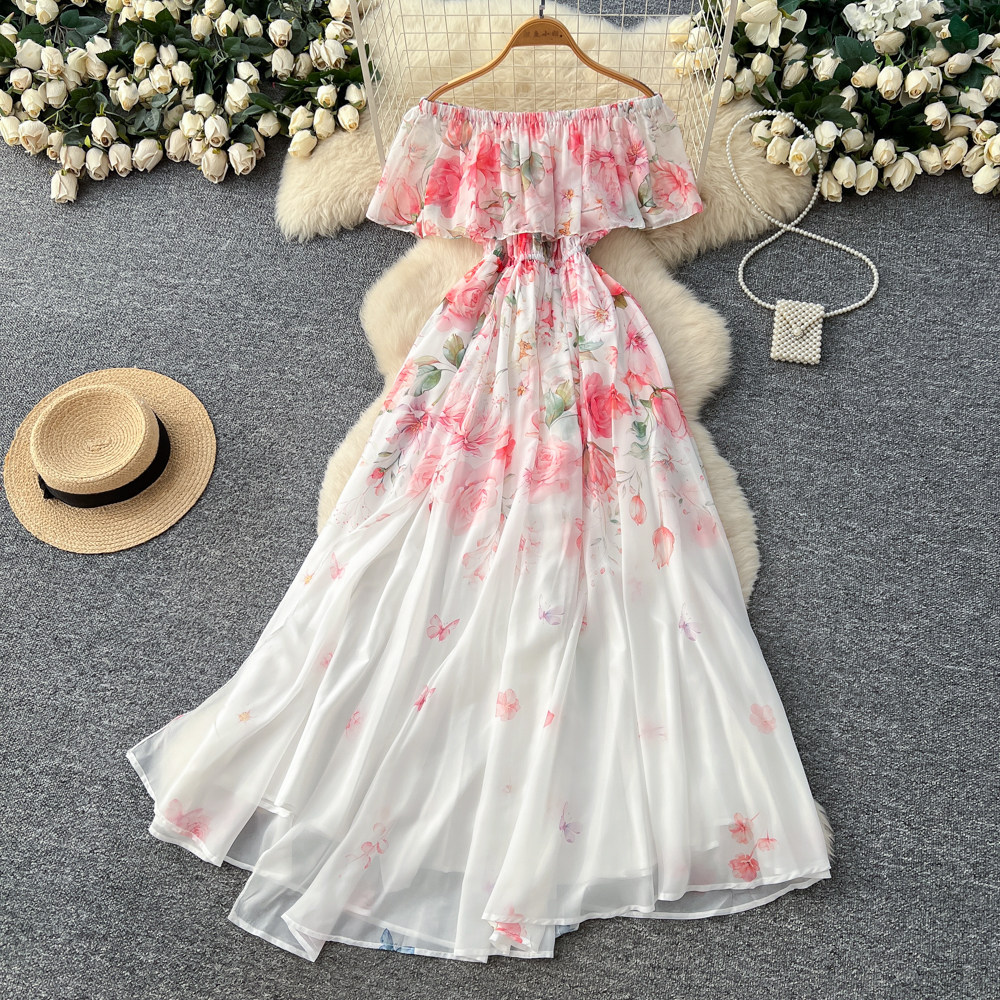 Off Shoulder Ruffle Hem Floral Maxi Dress High Waist Slim Fit Elegant Spring Summer Vacation Style Wholesale