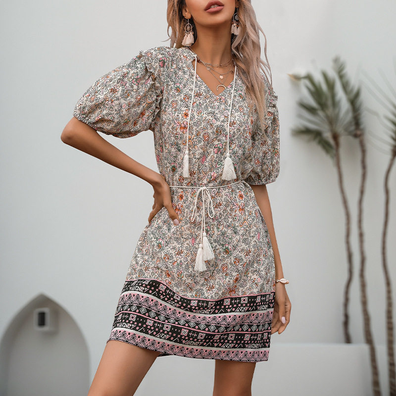 Vintage Bohemian Floral Maxi Dress Slim Fit V Neck Tassel Detail Perfect for Summer Events Wholesale Available