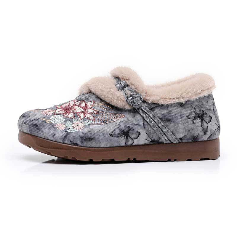 Women's Winter Hanfu Ethnic Cotton Shoes with Soft Soles, Old Beijing Cloth Shoes, Lightweight, Fleece-Lined for Warmth, Thickened for Warmth