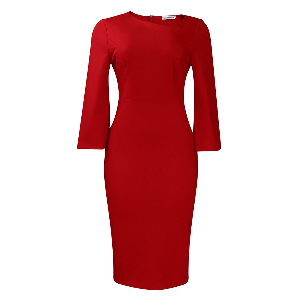 Asymmetrical Neck Long Sleeve Dress Fashionable OL Style Elegant Fit for Office Wear Wholesale Available