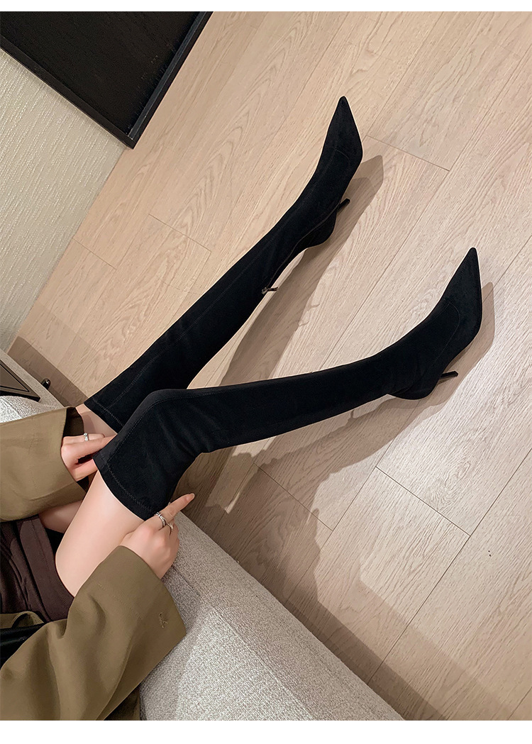 Boot nữ cổ cao qua gối gót nhọn cao 9cm chất liệu da lộn co giãn — Lớp lót đơn kaki ống ngắn, Lớp lót đơn màu đen ống ngắn, Lớp lót nhung đen ngắn, Lớp lót nhung kaki ngắn