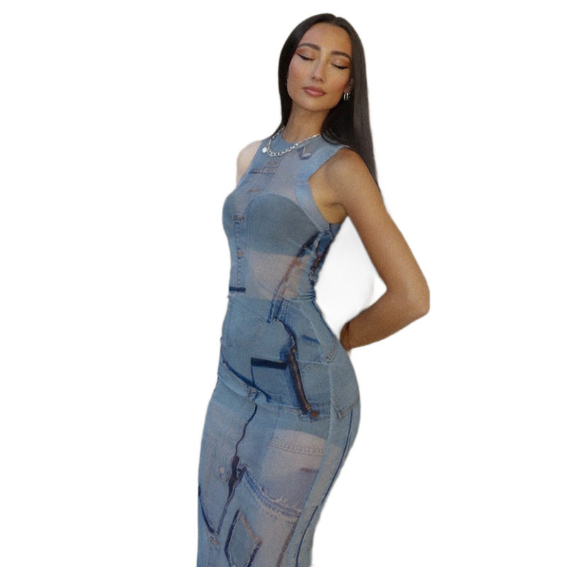 Fashionable Womens Bodycon Maxi Dress European Style Sleeveless Halter Neck Denim Patchwork Perfect for Parties