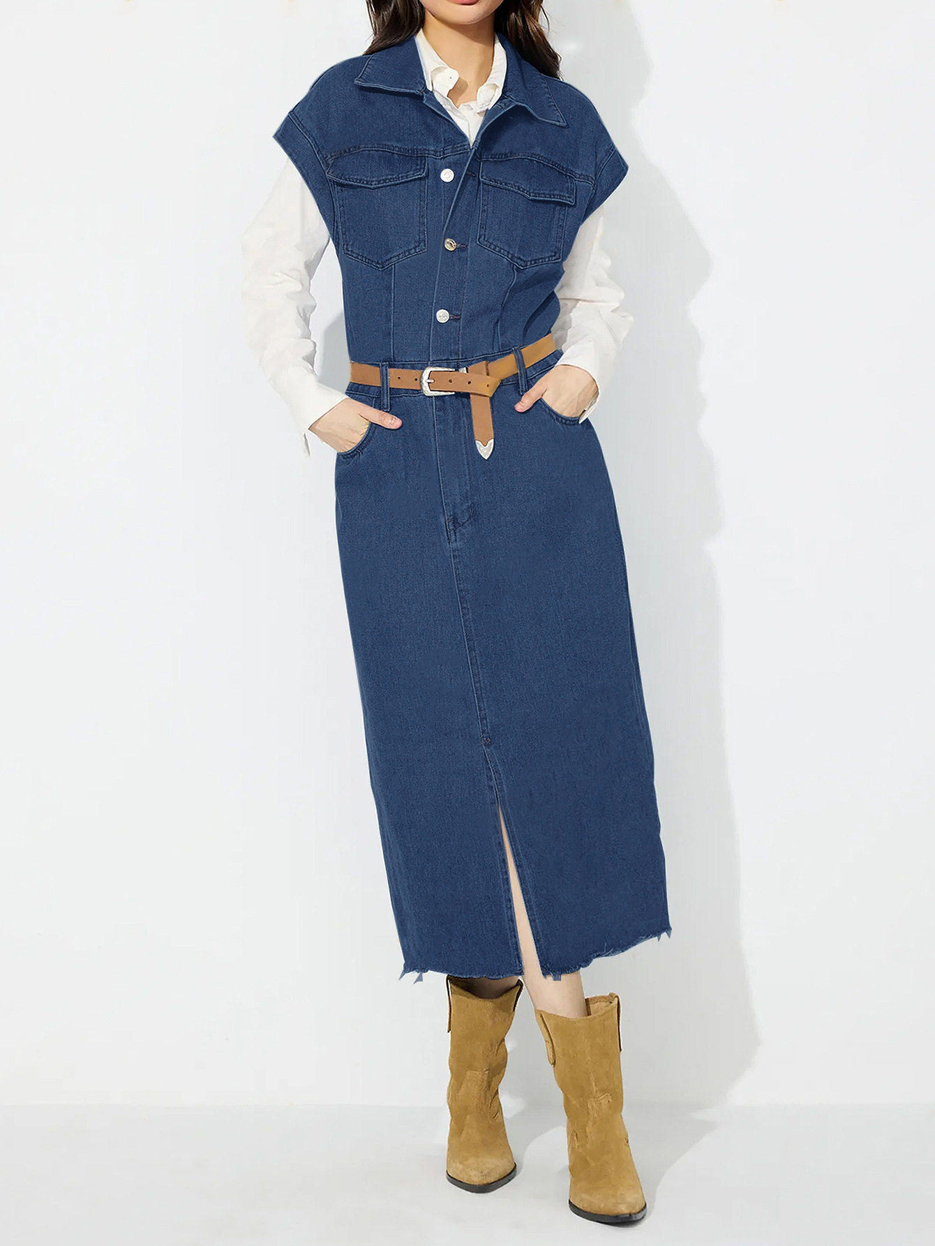Denim Dress Single Breasted Lapel Collar Fashionable Style Casual Wear for Women Ready to Ship