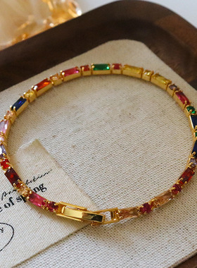 欧美新款复古轻奢彩色多巴胺锆石手链百搭级感简约小众气质手饰