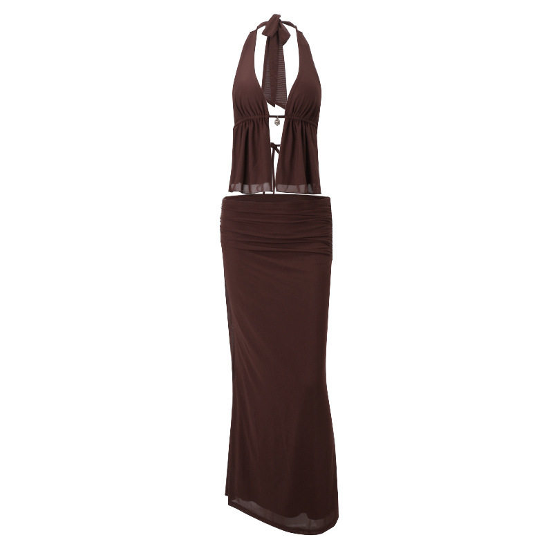 Halter Neck Cutout Top and High Waist Bodycon Skirt Set Sexy Design Spring Collection Womens Fashion Wholesale