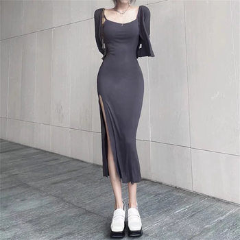 YPFF Fashionable Women's Dress Slim-Fit Ear Side Slit Long Dress Long Sleeve Cardigan Two-Piece Slip Skirt Suit