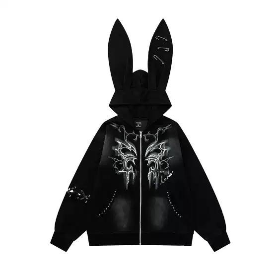 American High Street Pin Graffiti Rabbit Ears Hooded Sweatshirt for Women Autum Subculture Y2K Sweet Cool Cardigan Jacket Trendy