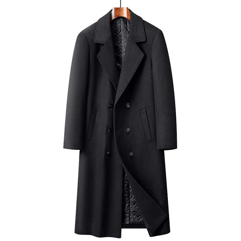 Mens Wool Blend Overcoat Mid Length Double Breasted Suit Collar Thickened Winter Fashion Outerwear Wholesale