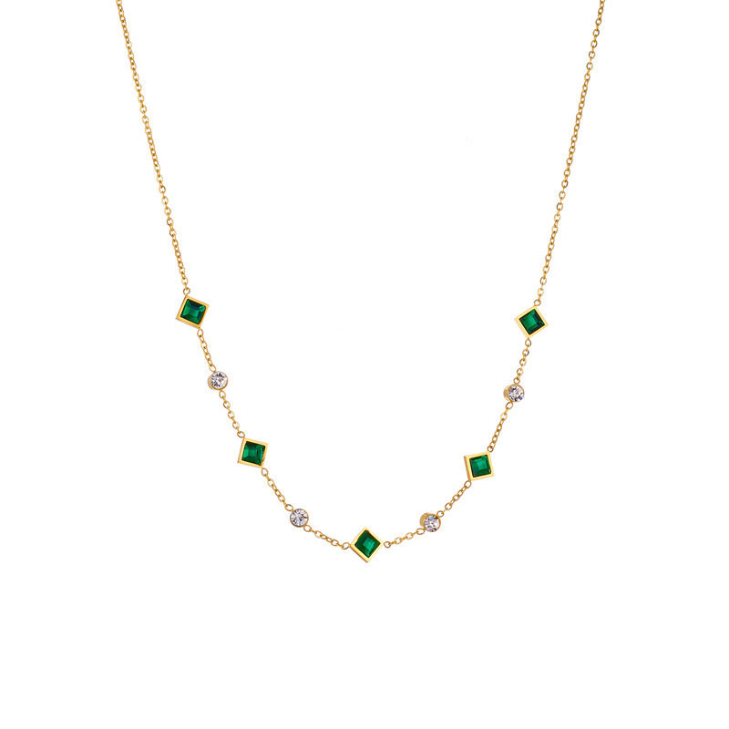 Niche High-End Fashion Gold-Plated Titanium Steel Square Emerald Inlaid Rhinestone Accessories Clavicle Chain Necklace Wholesale