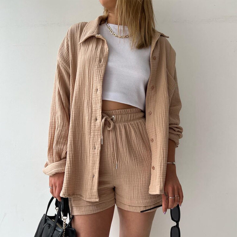 European and American women two sets of wrinkle lapel long sleeve shirt high waist drawstring shorts large size fashion casual suit