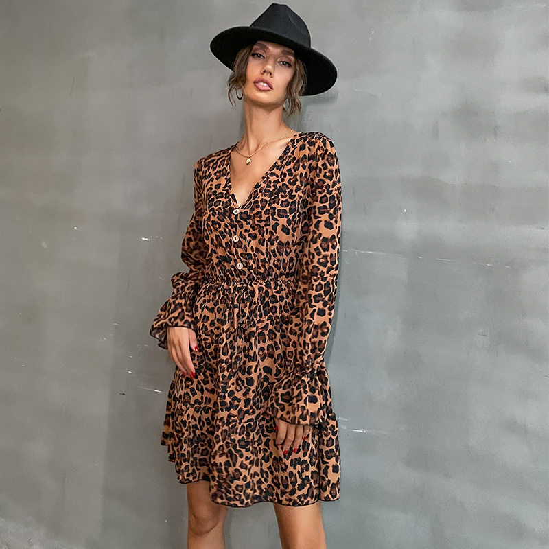 Spring Womens Long Sleeve V Neck Leopard Print Dress Trendy Design Comfortable Fabric Versatile Style Wholesale