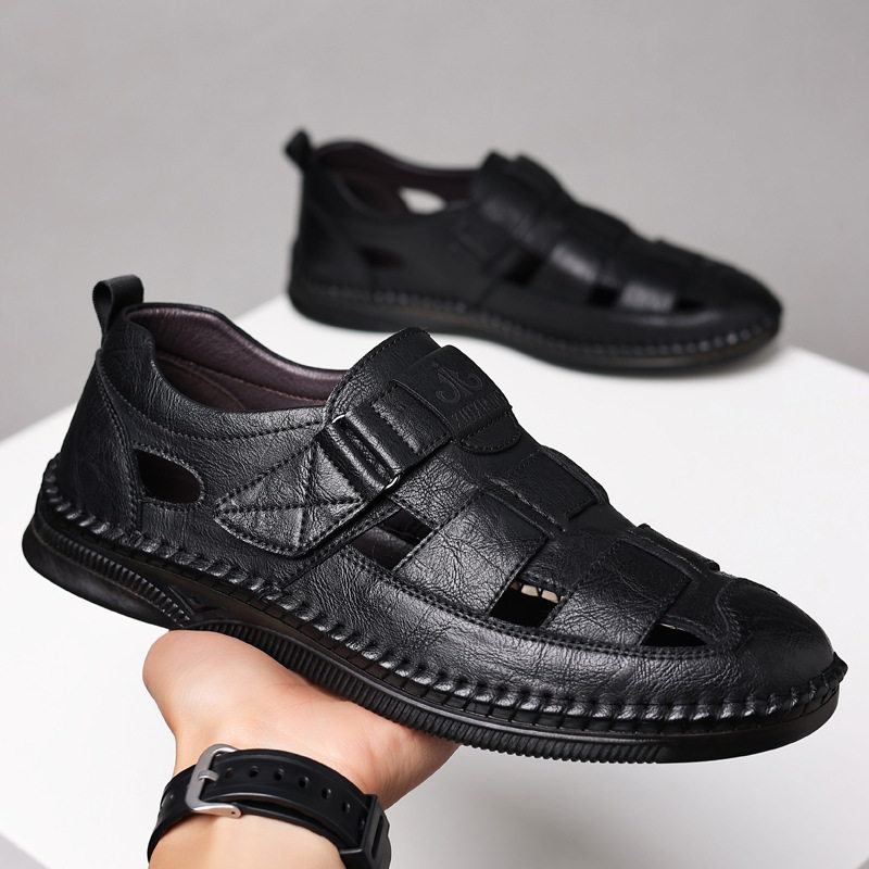 Summer Genuine Leather Hollow Sandals Velcro Hole Shoes Breathable Casual Men's Shoes Soft Sole Dad's Sandals Men's plus size