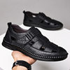 Summer Genuine Leather Hollow Sandals Velcro Hole Shoes Breathable Casual Men's Shoes Soft Sole Dad's Sandals Men's plus size