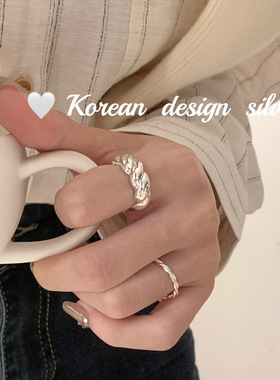 韩国ins风个性简约银饰品 S925纯银光面麻花卷戒指叠戴开口指环女