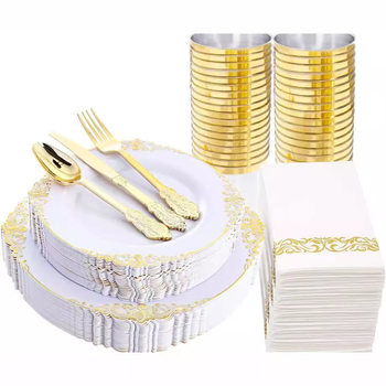 175 Sets of Export Disposable Dinner Plates, New Embossed Dragon Pattern Gold-Rimmed Plates, Wine Glasses, Forks, Spoons, Ps Hard Plastic