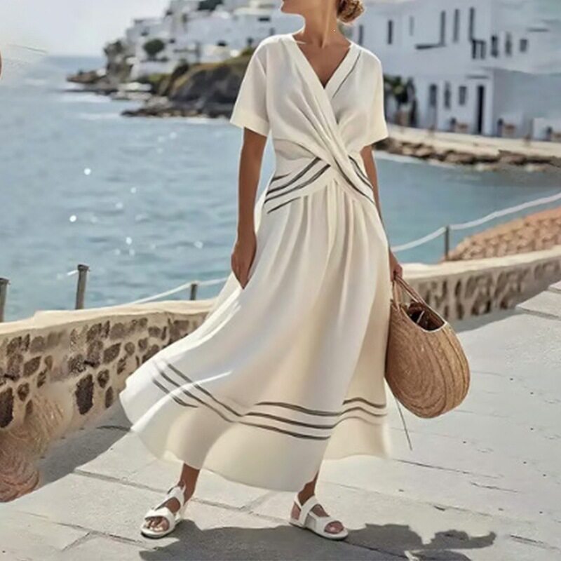 Summer Womens Dress Elegant Casual Loose Striped V Neck Long Dress Beach Vacation Style Wholesale Available