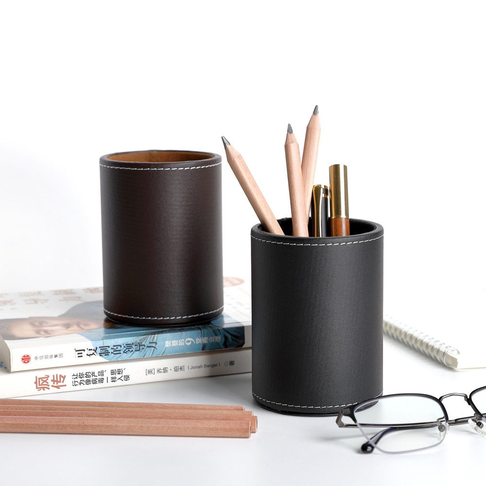 Business Leather Round Pen Holder Desktop Stationery Storage Box Storage Jar Cosmetic Brush Holder Creative Fashion Office Supplies