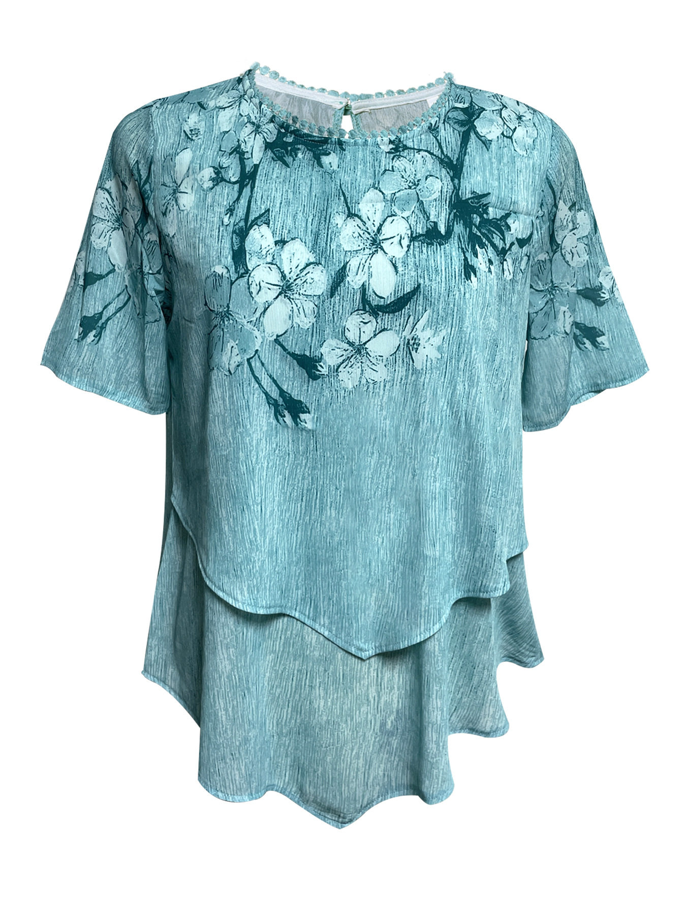 Floral Print Layered Short Sleeve Top Irregular Hem Round Neck Summer Style Wholesale Availability