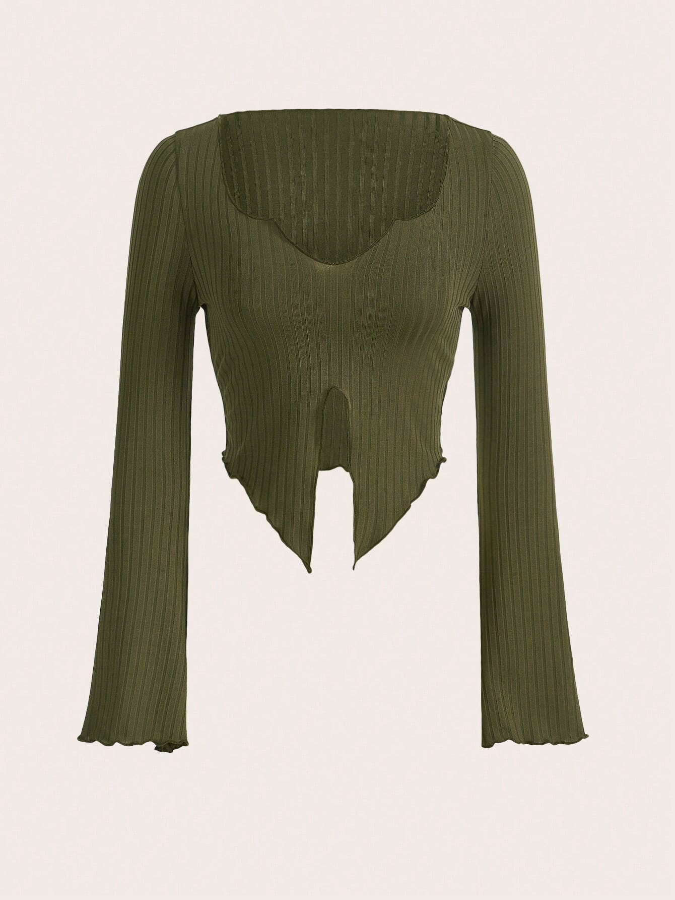Irregular Split Long Sleeve T Shirt for Women Trendy European Style Ribbed Knit Fabric Versatile for Spring and Autumn
