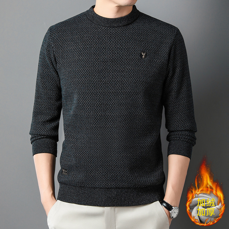 男士加绒雪貂绒针织毛衣青年男款时尚刺绣加厚保暖打底衫上衣男