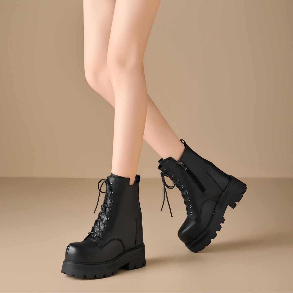 Boot Martin nữ cổ ngắn đế dày tăng chiều cao 12cm, da bò thật, phong cách Anh Quốc — Lớp lót đơn màu đen, Lót đơn màu trắng, Lót nhung đen, Lót nhung trắng
