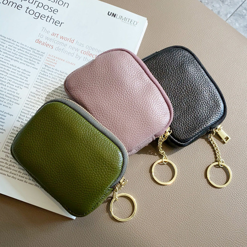 Factory direct top layer cowhide universal mini coin purse women's key ring coin bag leather zipper small wallet