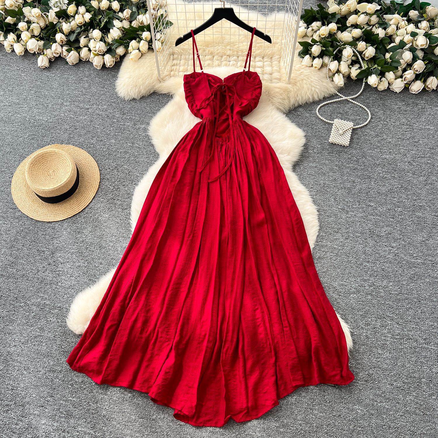 Summer Womens Maxi Dress Elegant Backless Design Adjustable Straps Available in Green and Red Wholesale Supply